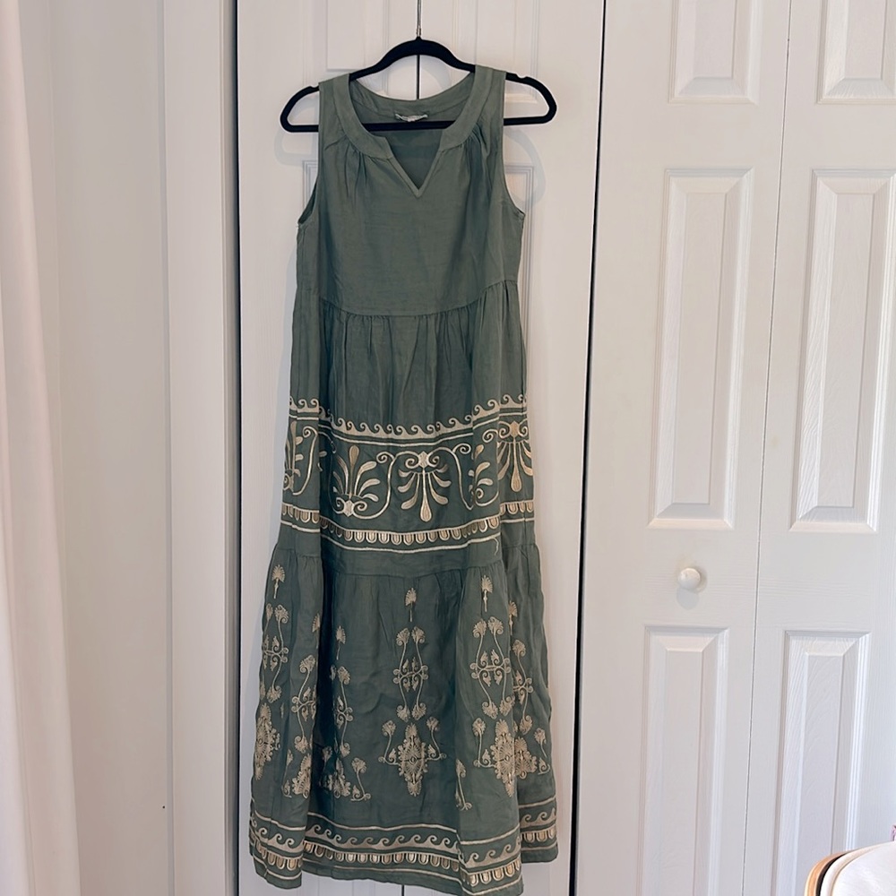 Sleeveless Olive Green Embroidered Maxi Dress
